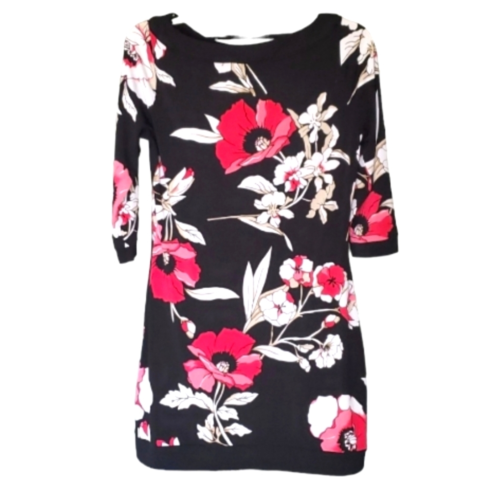 WHBM Womans Black with Pink Poppies Tunic Size Small